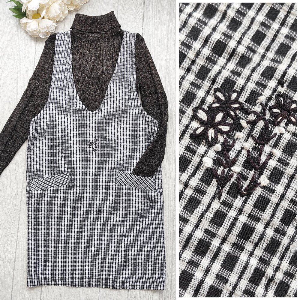 Vintage 90s Black Plaid Jumper Dress Cotton Maren Sport Hand-Embroidered M-L